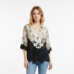 Spencer Alexis Vintage Open Front Black White Floral Lace Top - Large